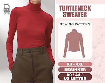 Turtleneck Sweater Sewing Pattern, Women Long Sleeve Top Pattern, Plus Size XS - 4XL, Simple Sweater Pattern, PDF Pattern Instant Download