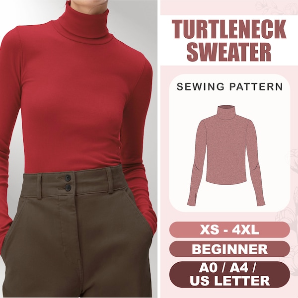 Turtleneck Sweater Sewing Pattern, Women Long Sleeve Top Pattern, Plus Size XS - 4XL, Simple Sweater Pattern, PDF Pattern Instant Download