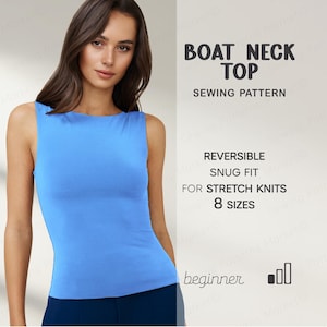 May include: A sleeveless, pale blue boat neck top. The image includes text that reads "BOAT NECK TOP SEWING PATTERN" and details about the pattern, including "REVERSIBLE", "SNUG FIT", and "8 SIZES".