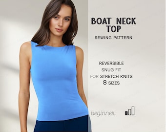 Tank Top Sewing Pattern For Women, Fitted Top Pattern, Stretch Top Pattern, Sleeveless Top Pattern, Boat Neck Top Pattern, Clothes Patterns