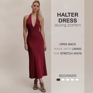 Puede incluir: Un vestido burdeos con cuello halter y escote en V profundo y espalda abierta. El vestido es un patrón de costura para tejidos elásticos y está etiquetado como nivel principiante. También incluye el texto "Halter Dress sewing pattern".