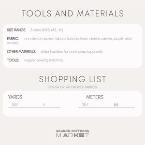 May include: A cream-colored graphic with the text "TOOLS AND MATERIALS" and "SHOPPING LIST". The text details fabric requirements, size range, and other materials needed for a sewing project. The image also includes the Sewing Patterns Market logo.
