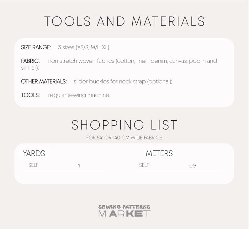 May include: A cream-colored graphic with the text "TOOLS AND MATERIALS" and "SHOPPING LIST". The text details fabric requirements, size range, and other materials needed for a sewing project. The image also includes the Sewing Patterns Market logo.