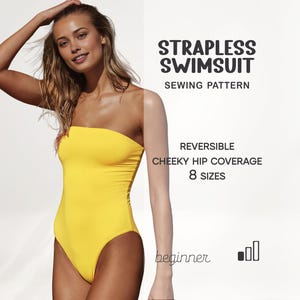Peut inclure: Un maillot de bain jaune sans bretelles. L'image comprend le texte "Strapless Swimsuit Sewing Pattern", "Reversible", "Cheeky Hip Coverage", et "8 Sizes". Le mot "beginner" est également inclus.