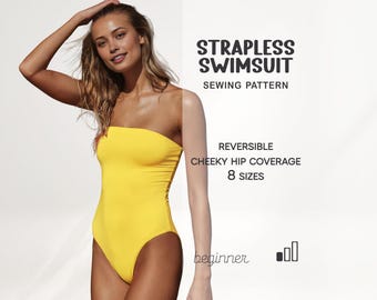 May include: A bright yellow strapless swimsuit. The image features the text "Strapless Swimsuit Sewing Pattern", "Reversible", "Cheeky Hip Coverage", and "8 Sizes". The word "beginner" is also included.