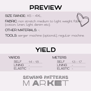 May include: A white graphic with the text "PREVIEW" and "YIELD". The image includes size range, fabric, and tool details. The text "SEWING PATTERNS MARKET" is at the bottom. Measurements are in yards and meters.