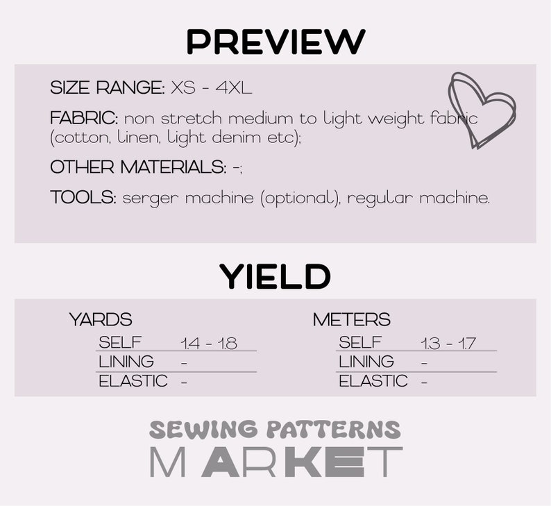 May include: A white graphic with the text "PREVIEW" and "YIELD". The image includes size range, fabric, and tool details. The text "SEWING PATTERNS MARKET" is at the bottom. Measurements are in yards and meters.