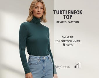 May include: A long-sleeved, dark teal turtleneck top. The image also displays the text "TURTLENECK TOP SEWING PATTERN", "SNUG FIT FOR STRETCH KNITS 8 SIZES", and "beginner". The top is paired with light blue jeans.