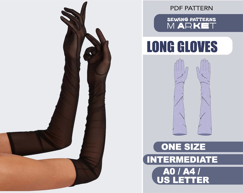 Long Evening Gloves Pattern, Prom Wedding Gloves Sewing Patterns, One Size, Digital Patterns, Instant Download image 1