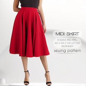 Midi Skirt With Pockets Sewing Pattern For Women, VERY EASY, Plus Size Pattern, Size XS - 4XL, Digital Sewing Patterns, Instant Download