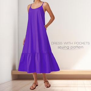 Dress Sewing Pattern For Cotton Fabrics, Flared Dress With Pockets, Summer Dress PDF Patterns,Easy Dress, Slip Dress Pattern For Women