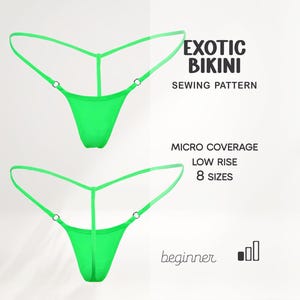 May include: Two neon green bikini bottoms with thin straps and ring details are displayed. The text "EXOTIC BIKINI SEWING PATTERN" is above the bikini bottoms. Additional text reads "MICRO COVERAGE LOW RISE 8 SIZES" and "beginner".