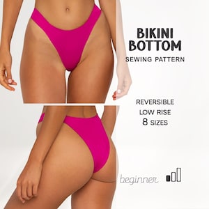 May include: A hot pink bikini bottom sewing pattern. The image shows a high-cut, low-rise bikini bottom. The text on the image says "Bikini Bottom Sewing Pattern", "Reversible", "Low Rise", "8 Sizes", and "beginner".