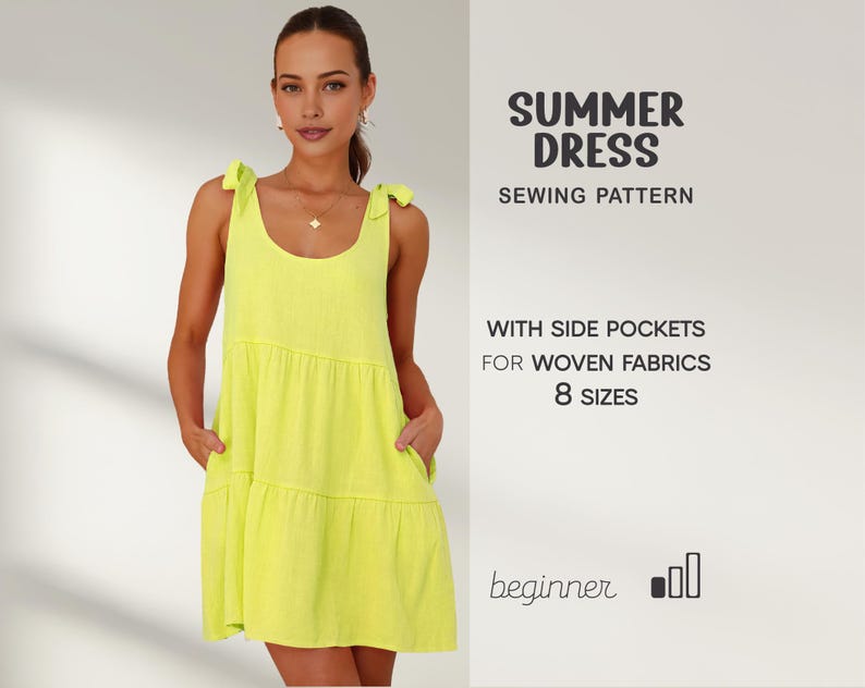 May include: A neon yellow summer dress with side pockets, featuring a tiered design and tie straps. The image also includes text that reads "Summer Dress Sewing Pattern" and "With Side Pockets For Woven Fabrics 8 Sizes".