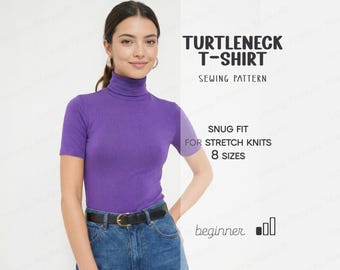 Fitted Top Pattern For Women, Turtleneck T-Shirt Sewing Pattern, Women's Clothes Patterns