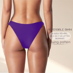 May include: A purple reversible bikini sewing pattern. The pattern is available in sizes XS-4XL and comes in A0, A4, and US Letter sizes. The pattern is for beginners.