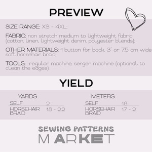 K&ouml;nnte beinhalten: Vorschau-Grafik f&uuml;r ein Schnittmuster mit Informationen zu Stoff, Materialien und Werkzeugen. Die Gr&ouml;&szlig;en reichen von XS bis 4XL. Das Bild enth&auml;lt eine Herz-Skizze und den Text "SEWING PATTERNS MARKET".