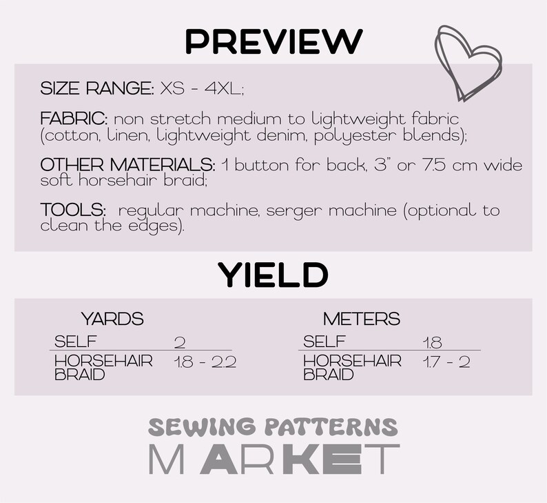 K&ouml;nnte beinhalten: Vorschau-Grafik f&uuml;r ein Schnittmuster mit Informationen zu Stoff, Materialien und Werkzeugen. Die Gr&ouml;&szlig;en reichen von XS bis 4XL. Das Bild enth&auml;lt eine Herz-Skizze und den Text "SEWING PATTERNS MARKET".