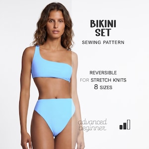 May include: A light blue bikini set with a one-shoulder top and high-waisted bottoms. The image includes text that reads "BIKINI SET SEWING PATTERN" and "REVERSIBLE FOR STRETCH KNITS 8 SIZES". The text also says "advanced beginner".