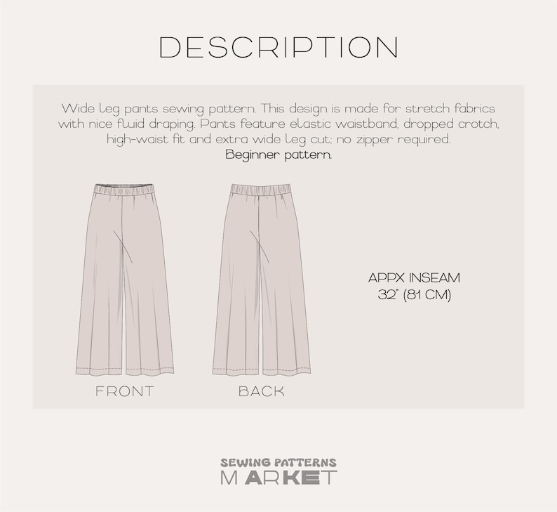 Pant Placket Pattern Palazzo Pants Pattern, Wide Leg Pants Pattern, Flare Pants Sewing ...