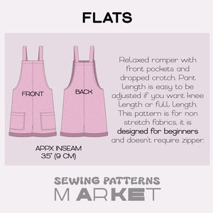 May include: A pink romper sewing pattern with front and back views, pockets, and adjustable length. The inseam is approximately 9 cm. The pattern is designed for beginners and non-stretch fabrics.