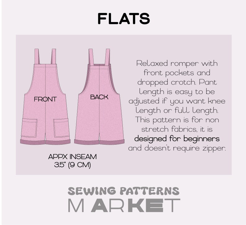 May include: A pink romper sewing pattern with front and back views, pockets, and adjustable length. The inseam is approximately 9 cm. The pattern is designed for beginners and non-stretch fabrics.