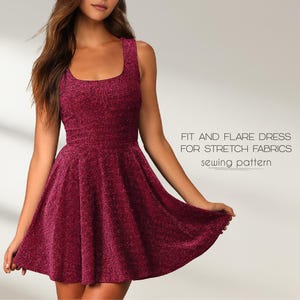 May include: A red sparkly fit and flare dress sewing pattern. The pattern is for stretch fabrics.