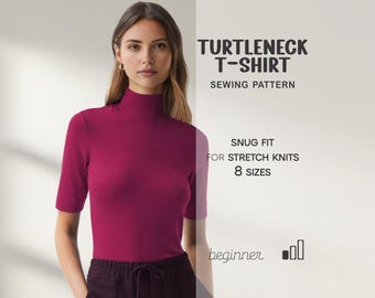 Mock Neck Top Pattern For Women, Turtleneck Top Sewing Pattern, Jersey Blouse Beginner Pattern, Easy T-Shirt PDF Pattern