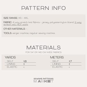 Peut inclure: Graphique blanc avec le texte "PATTERN INFO" et "MATERIALS" d&eacute;taillant le tissu, la gamme de tailles et les outils n&eacute;cessaires. Comprend des mesures en yards et en m&egrave;tres pour les tissus principaux et de doublure. Le logo Sewing Patterns Market est en bas.