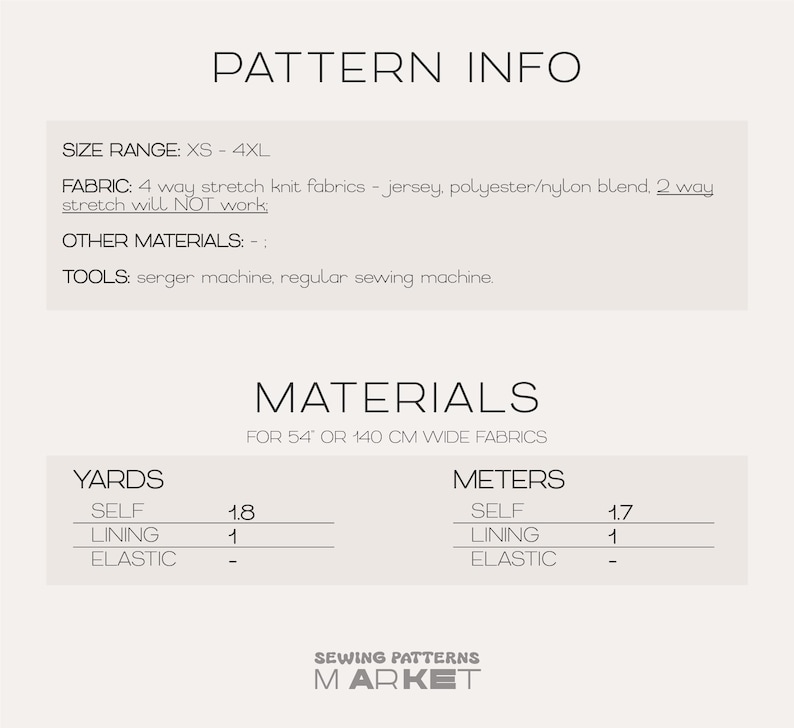 Peut inclure: Graphique blanc avec le texte "PATTERN INFO" et "MATERIALS" d&eacute;taillant le tissu, la gamme de tailles et les outils n&eacute;cessaires. Comprend des mesures en yards et en m&egrave;tres pour les tissus principaux et de doublure. Le logo Sewing Patterns Market est en bas.