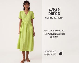 Linen dress with pockets pattern, Wrap dress pattern,  Midi dress sewing pattern, Country dress pattern, Plus size loose dress pattern