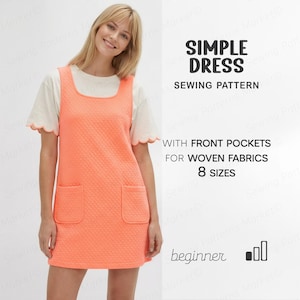 Może przedstawiać: Kobieta w koralowej, teksturowanej sukience z kieszeniami z przodu na białym t-shircie. Sukienka to wzór do szycia tkanin, z napisem "SIMPLE DRESS" i "8 ROZMIARÓW".