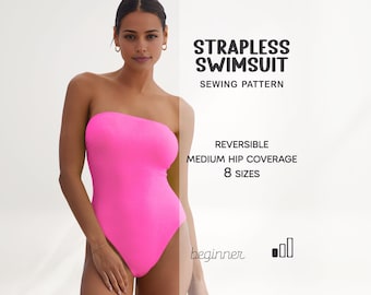 May include: A bright pink strapless swimsuit. The image includes the text "Strapless Swimsuit Sewing Pattern", "Reversible", "Medium Hip Coverage", "8 Sizes", and "beginner". The swimsuit is a one-piece design.