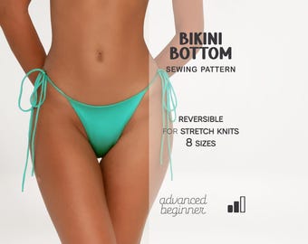 May include: A turquoise bikini bottom with tie sides. The image includes text that reads "BIKINI BOTTOM SEWING PATTERN REVERSIBLE FOR STRETCH KNITS 8 SIZES advanced beginner".