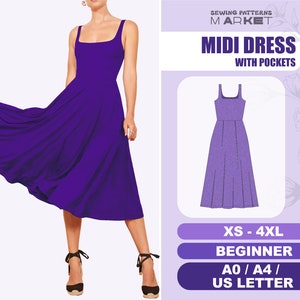 Flared Dress Pattern, Midi Dress Beginner Pattern, Plus Size Sewing Patterns, Digital Patterns, Summer Dress, XS - 4XL, Beginner Patterns