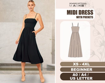 Anfängerkleid Schnittmuster, Midi Kleid Schnittmuster, XS-4XL, ausgestelltes Kleid mit Taschen, Skater Kleid Schnittmuster, Plus Size Kleid, digitale Schnittmuster