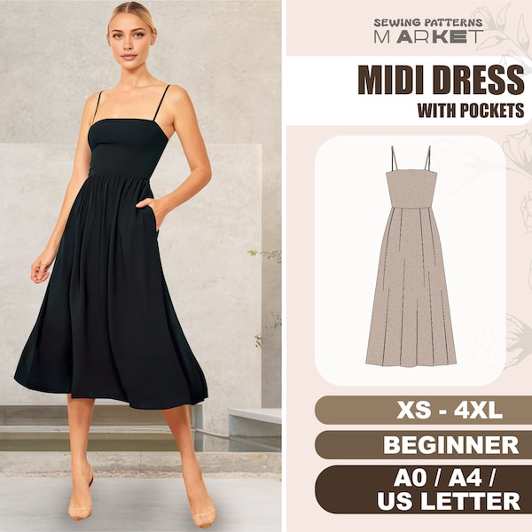 Beginner Dress Pattern, Midi Dress Sewing Pattern, XS-4XL,Flared Dress With Pockets, Skater Dress Pattern, Plus Size Dress, Digital Patterns