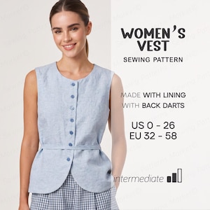 May include: A light blue sleeveless vest with a round neckline, a front button closure, and a thin waist tie. The text reads: WOMEN'S VEST SEWING PATTERN, MADE WITH LINING WITH BACK DARTS, US 0 - 26, EU 32 - 58, intermediate.