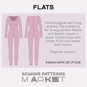 May include: A pink fitted bodysuit sewing pattern with long sleeves. The pattern is for 4-way stretch fabrics and doesn't require a zipper. Inseam is approximately 28 inches. The word "FLATS" is at the top.