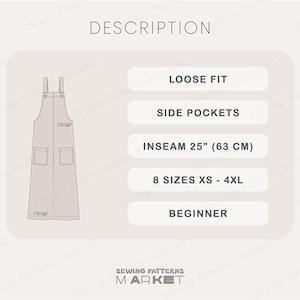 May include: A light beige overall pattern with a loose fit, side pockets, and an inseam of 63 cm. Available in 8 sizes, from XS to 4XL. Suitable for beginners. The image includes the text "DESCRIPTION".