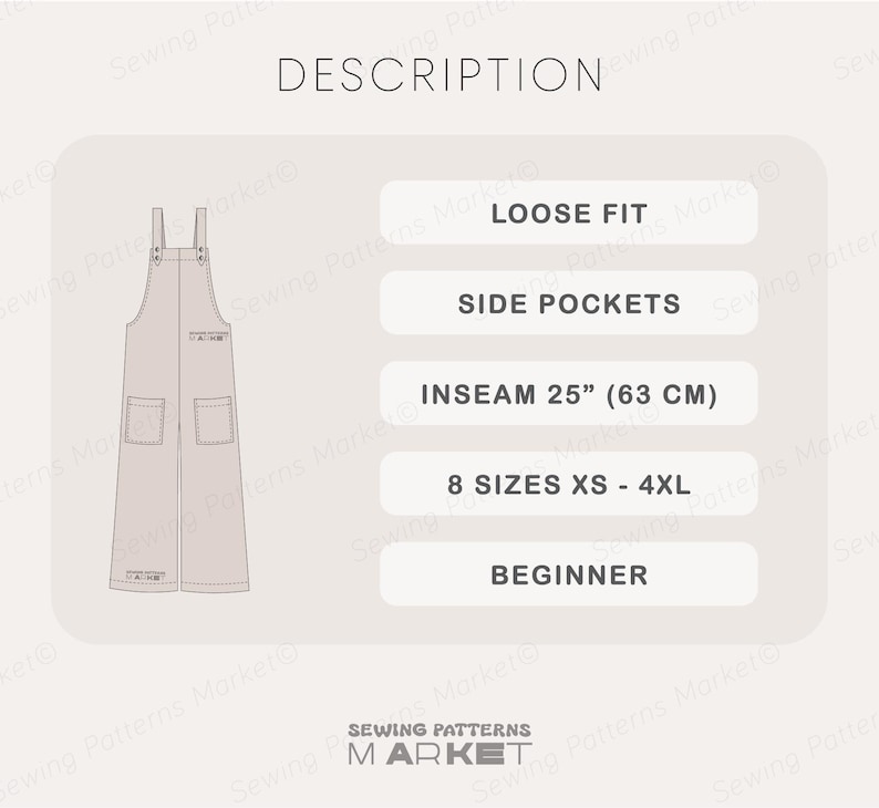 May include: A light beige overall pattern with a loose fit, side pockets, and an inseam of 63 cm. Available in 8 sizes, from XS to 4XL. Suitable for beginners. The image includes the text "DESCRIPTION".