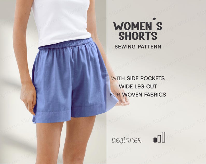 May include: Blue shorts with an elastic waistband and side pockets. The shorts are part of a sewing pattern for woven fabrics. The text on the image reads "WOMEN'S SHORTS SEWING PATTERN" and "beginner".
