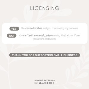May include: Image with text about licensing for sewing patterns. The text states that you can sell clothes made using the patterns, but you cannot edit and resell the patterns. The image also says "Thank you for supporting small business."