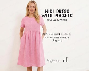 Women's Dress Pattern, Simple Linen Dress Sewing Pattern, Midi Dress Pattern, House Dress With Pockets PDF Pattern
