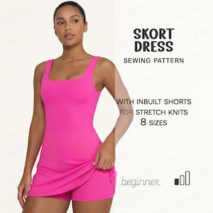 Op de afbeelding: Een felroze skort jurk naaipatroon. De jurk heeft een vierkante halslijn, ingebouwde shorts en een rok overlay. De tekst op de afbeelding luidt "SKORT DRESS SEWING PATTERN WITH INBUILT SHORTS FOR STRETCH KNITS 8 SIZES".