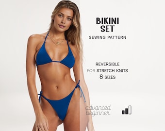 May include: A blue bikini set. The top is a triangle style with halter straps. The bottoms are a classic cut with tie sides. The image includes text that reads "BIKINI SET SEWING PATTERN" and "REVERSIBLE FOR STRETCH KNITS 8 SIZES".