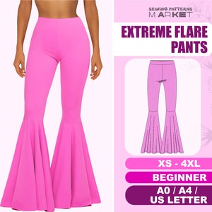 Flared Pants Sewing Pattern Beginner Level, Bell Bottom Extreme Flare Leggings, Easy Pants Pattern, Size XS - 4XL, Digital Sewing Patterns