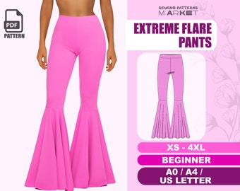 Flared Pants Sewing Pattern Beginner Level, Bell Bottom Extreme Flare Leggings, Easy Pants Pattern, Size XS - 4XL, Digital Sewing Patterns