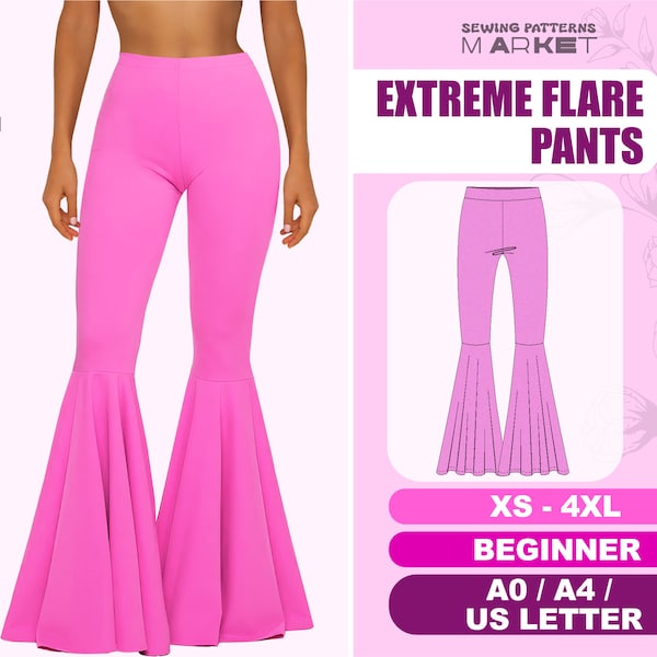 Flared Pants Sewing Pattern Beginner Level, Bell Bottom Extreme Flare Leggings, Easy Pants Pattern, Size XS - 4XL, Digital Sewing Patterns