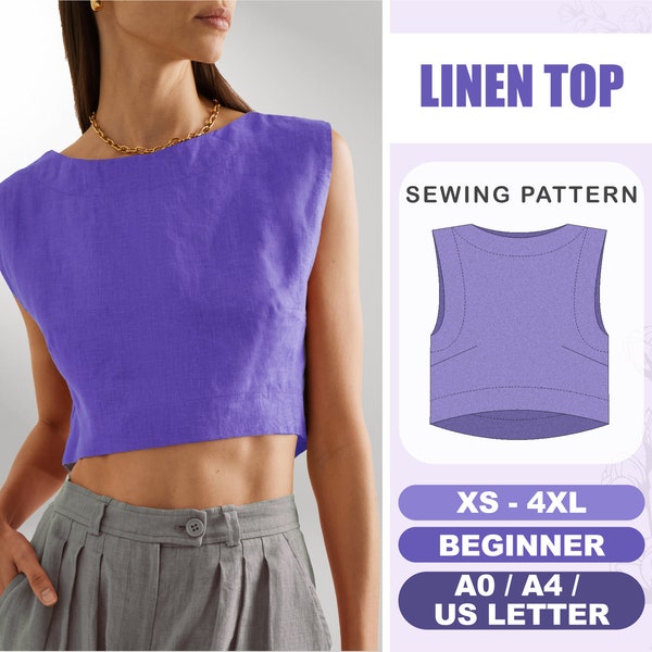 Linen Blouse Top Sewing Pattern Womens Digital Patterns Plus Size XS - 4XL, Plus Size Crop Top PDF Patterns For Women, Instant Download